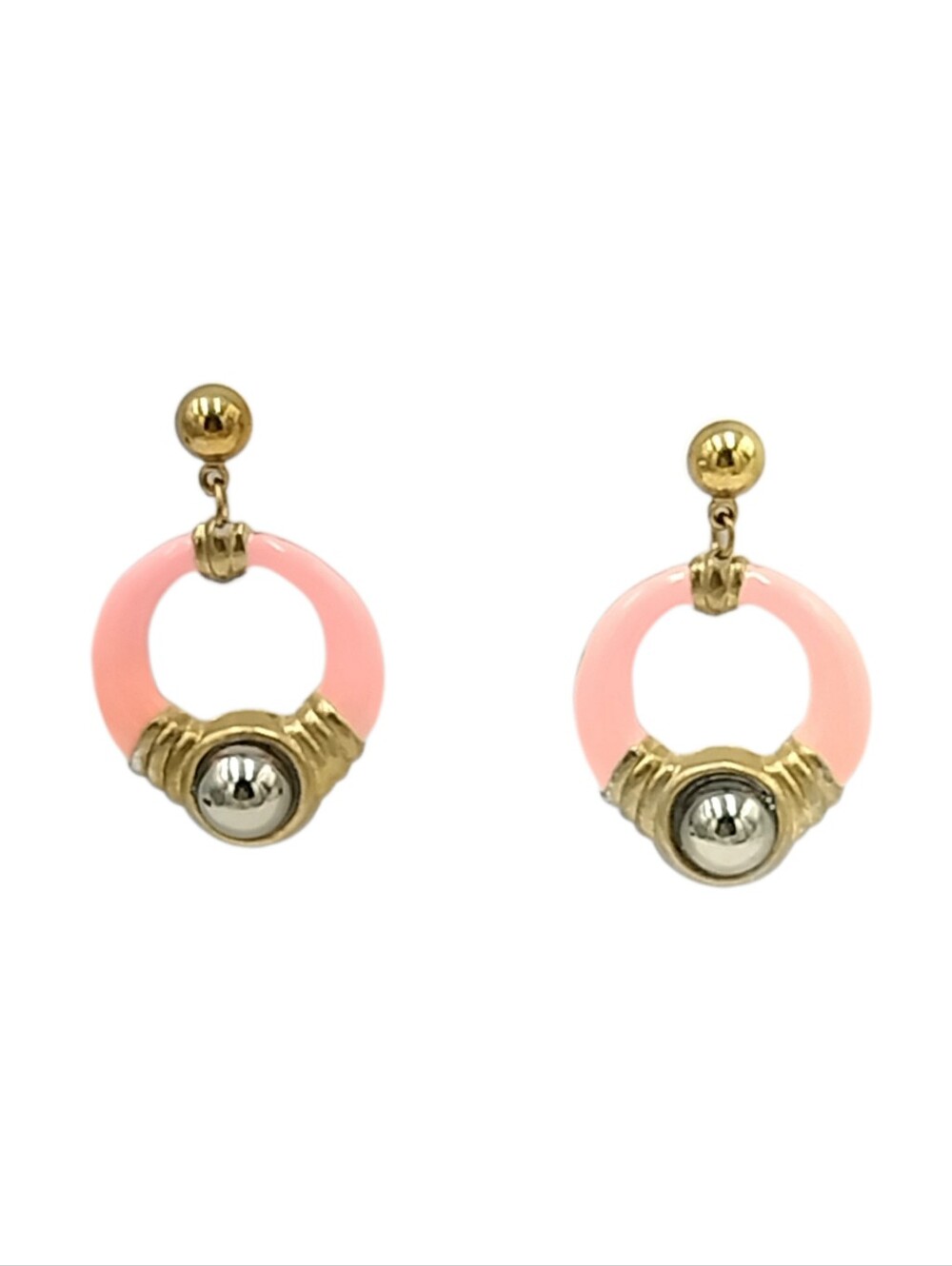 Pink, Antique Gold & Silver-Tone Dangle Pierced Earrings 1.5"